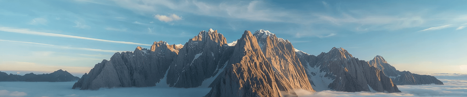 Panoramic view of mountain peaks rising above clouds